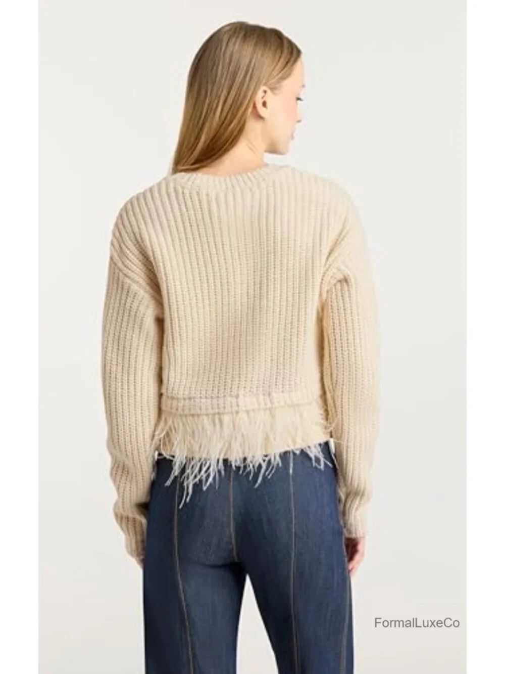 Cropped Feather Trim Cardigan - Long Sleeve Knit Sweater, 100% Acrylic, Dry